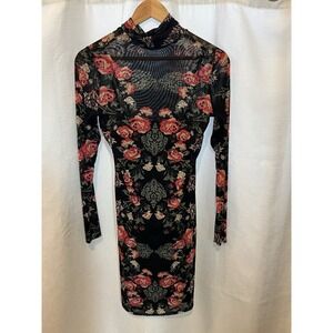 Love Fire Black Floral Mesh Bodycon Dress Mock Neck Long Sleeve L Romantic Goth